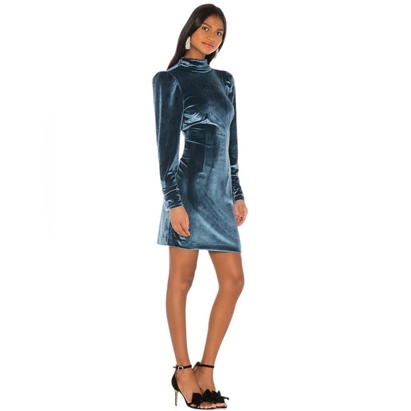 LPA Dresses & Skirts - Revolve LPA Dress Mini Cocktail Blue Size XL Velvet Backless Puff Sleeve